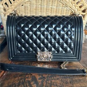 Black Quilted Crossbody Bag with Gold Hardware & Chain Strap